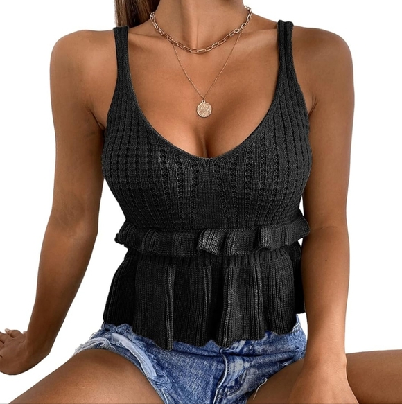Amazon Tops - Amazon Sweaty Rocks Black Waffle Ruffle Hem Peplum Cropped Knit Tank Top Size M